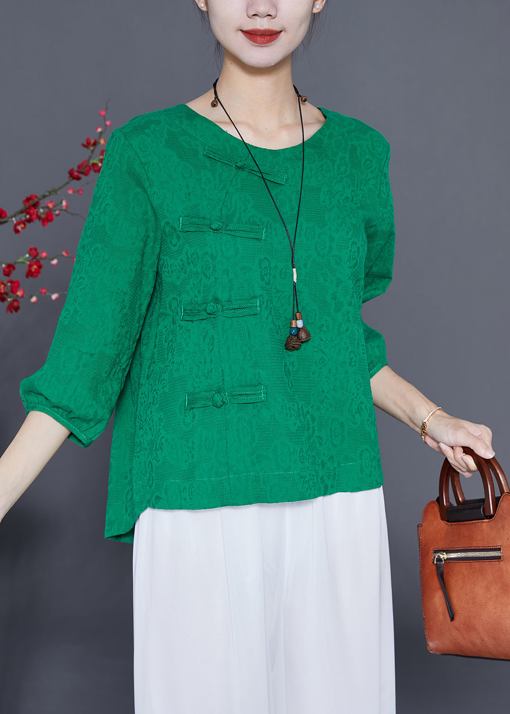 Unique Green Oversized Chinese Button Cotton Shirt Bracelet Sleeve LY3666 - fabuloryshop