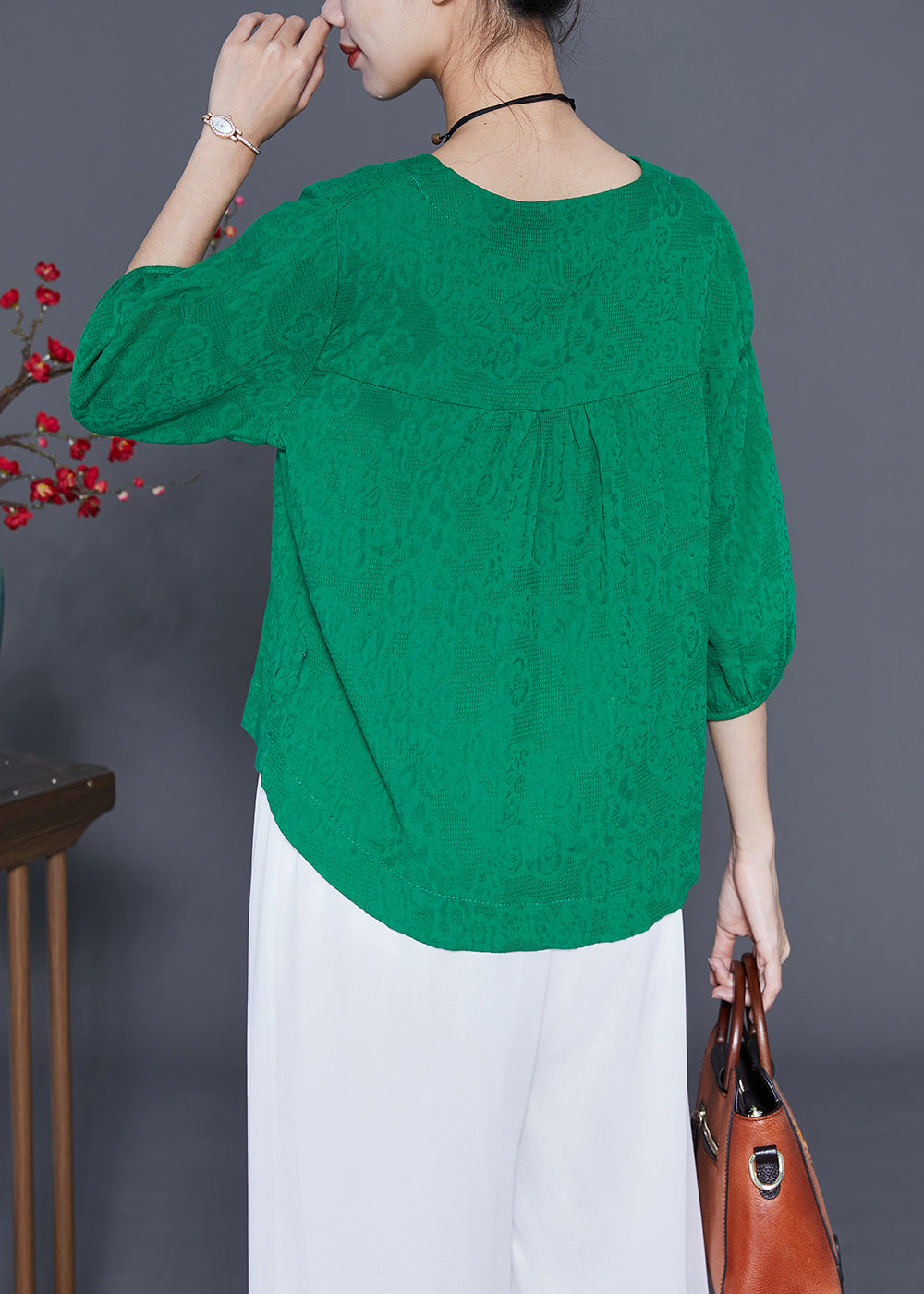 Unique Green Oversized Chinese Button Cotton Shirt Bracelet Sleeve LY3666 - fabuloryshop