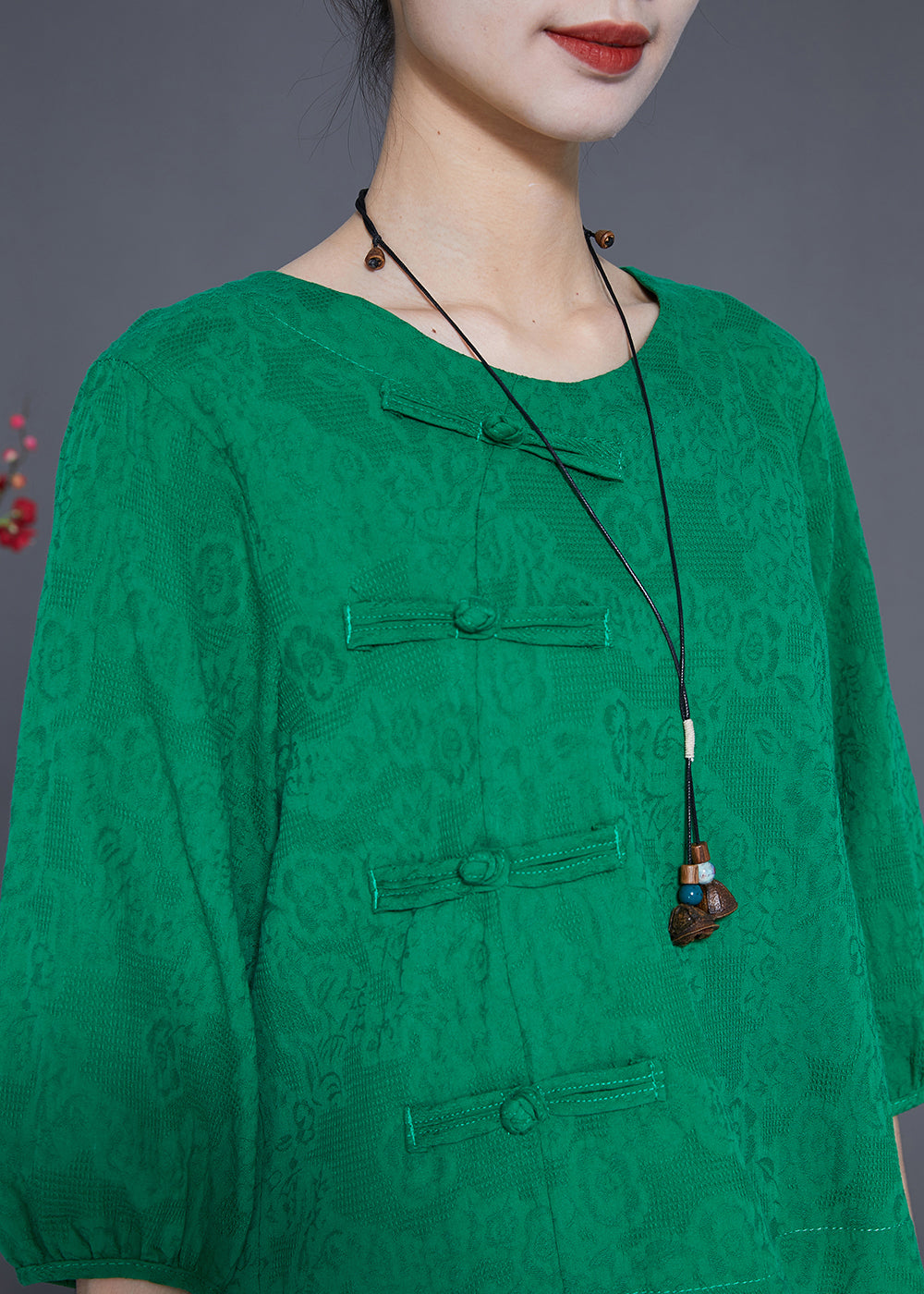 Unique Green Oversized Chinese Button Cotton Shirt Bracelet Sleeve LY3666 - fabuloryshop