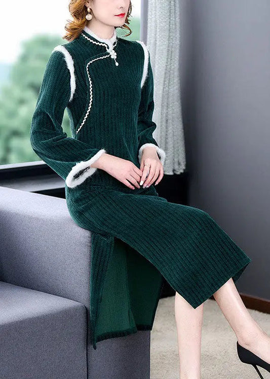 Unique Green Patchwork Side Open Thick Velour Maxi Dress Long Sleeve Ada Fashion