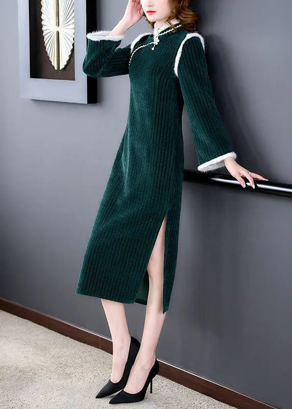 Unique Green Patchwork Side Open Thick Velour Maxi Dress Long Sleeve Ada Fashion