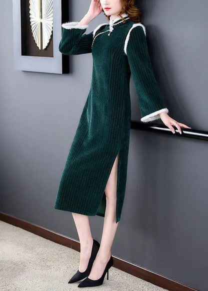 Unique Green Patchwork Side Open Thick Velour Maxi Dress Long Sleeve Ada Fashion