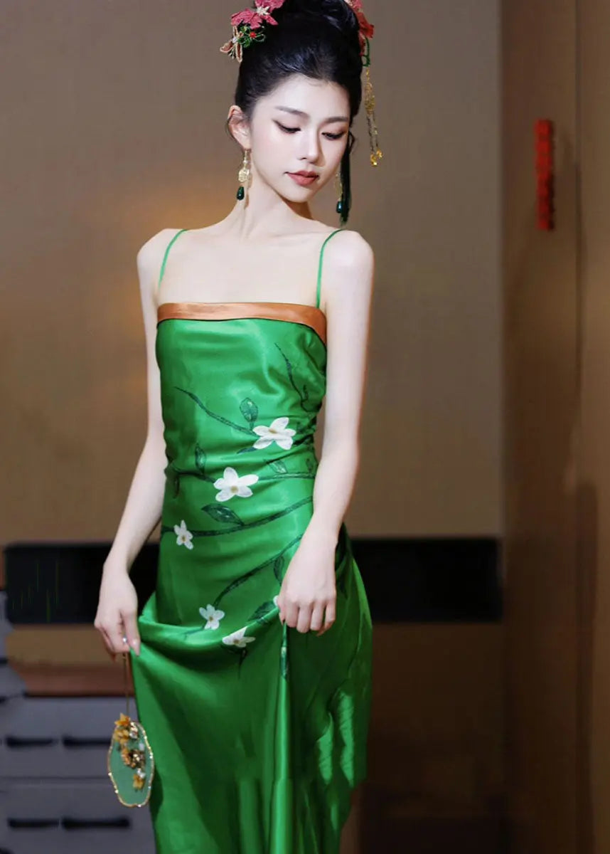 Unique Green Print High Waist Silk Slip Dress Summer Ada Fashion