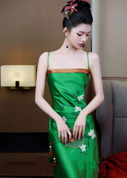 Unique Green Print High Waist Silk Slip Dress Summer Ada Fashion