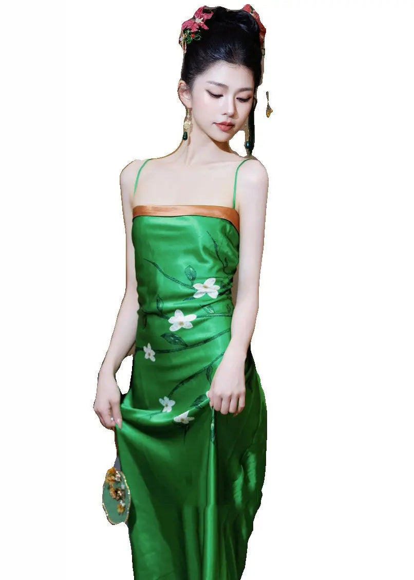 Unique Green Print High Waist Silk Slip Dress Summer Ada Fashion