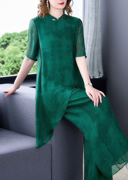 Unique Green Stand Collar Asymmetrical Silk Top And Wide Leg Pants Two Pieces Set Summer Ada Fashion