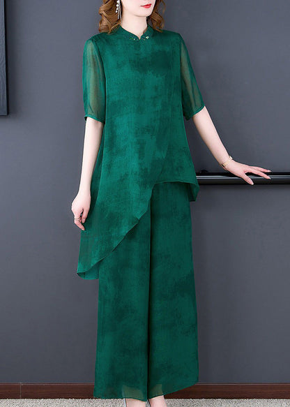 Unique Green Stand Collar Asymmetrical Silk Top And Wide Leg Pants Two Pieces Set Summer Ada Fashion