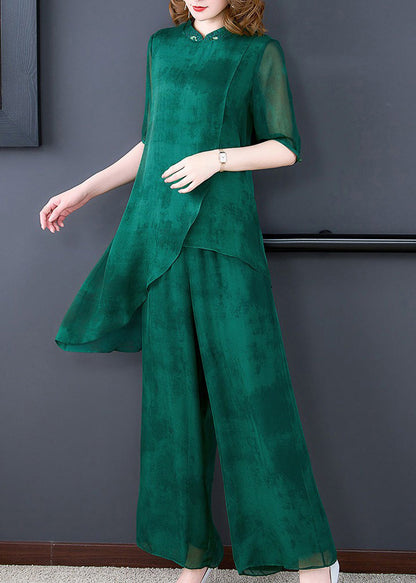 Unique Green Stand Collar Asymmetrical Silk Top And Wide Leg Pants Two Pieces Set Summer Ada Fashion