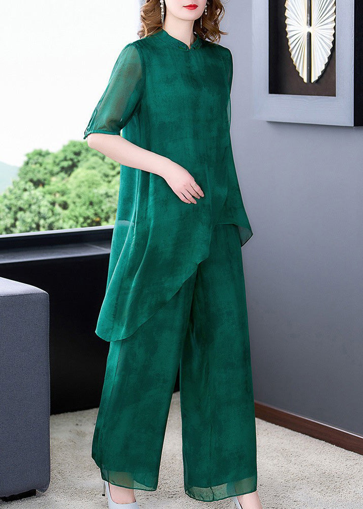 Unique Green Stand Collar Asymmetrical Silk Top And Wide Leg Pants Two Pieces Set Summer Ada Fashion