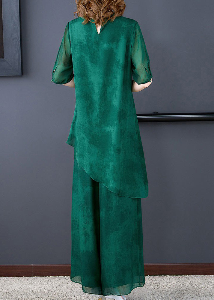 Unique Green Stand Collar Asymmetrical Silk Top And Wide Leg Pants Two Pieces Set Summer Ada Fashion