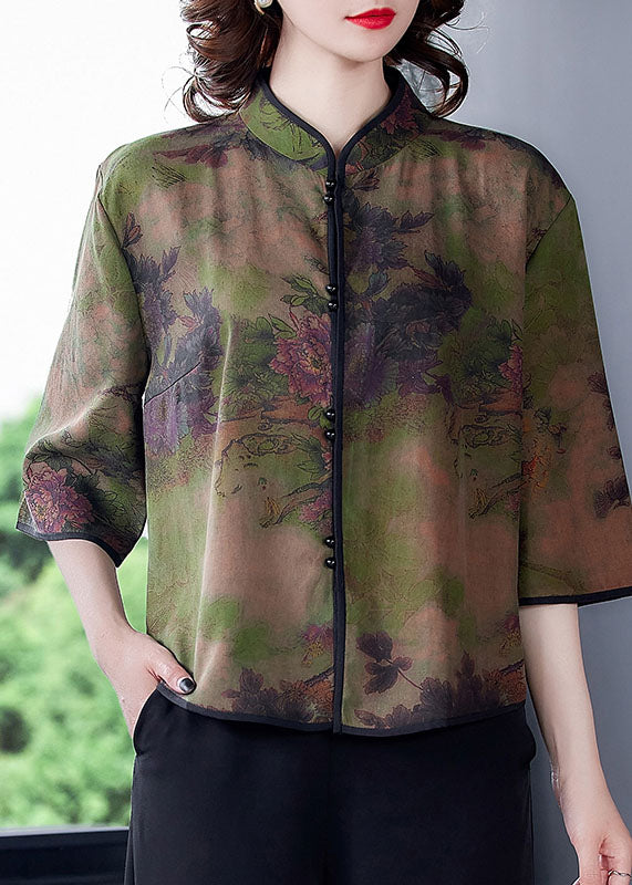 Unique Green Stand Collar Print Silk Shirt Tops Spring LY0472