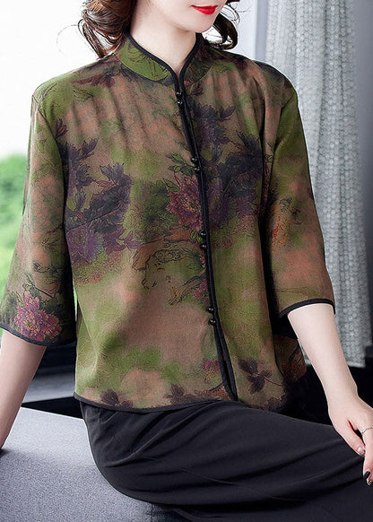 Unique Green Stand Collar Print Silk Shirt Tops Spring LY0472 - fabuloryshop