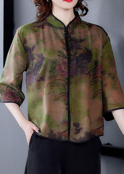 Unique Green Stand Collar Print Silk Shirt Tops Spring LY0472 - fabuloryshop