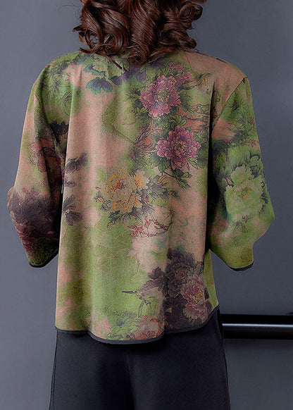 Unique Green Stand Collar Print Silk Shirt Tops Spring LY0472 - fabuloryshop