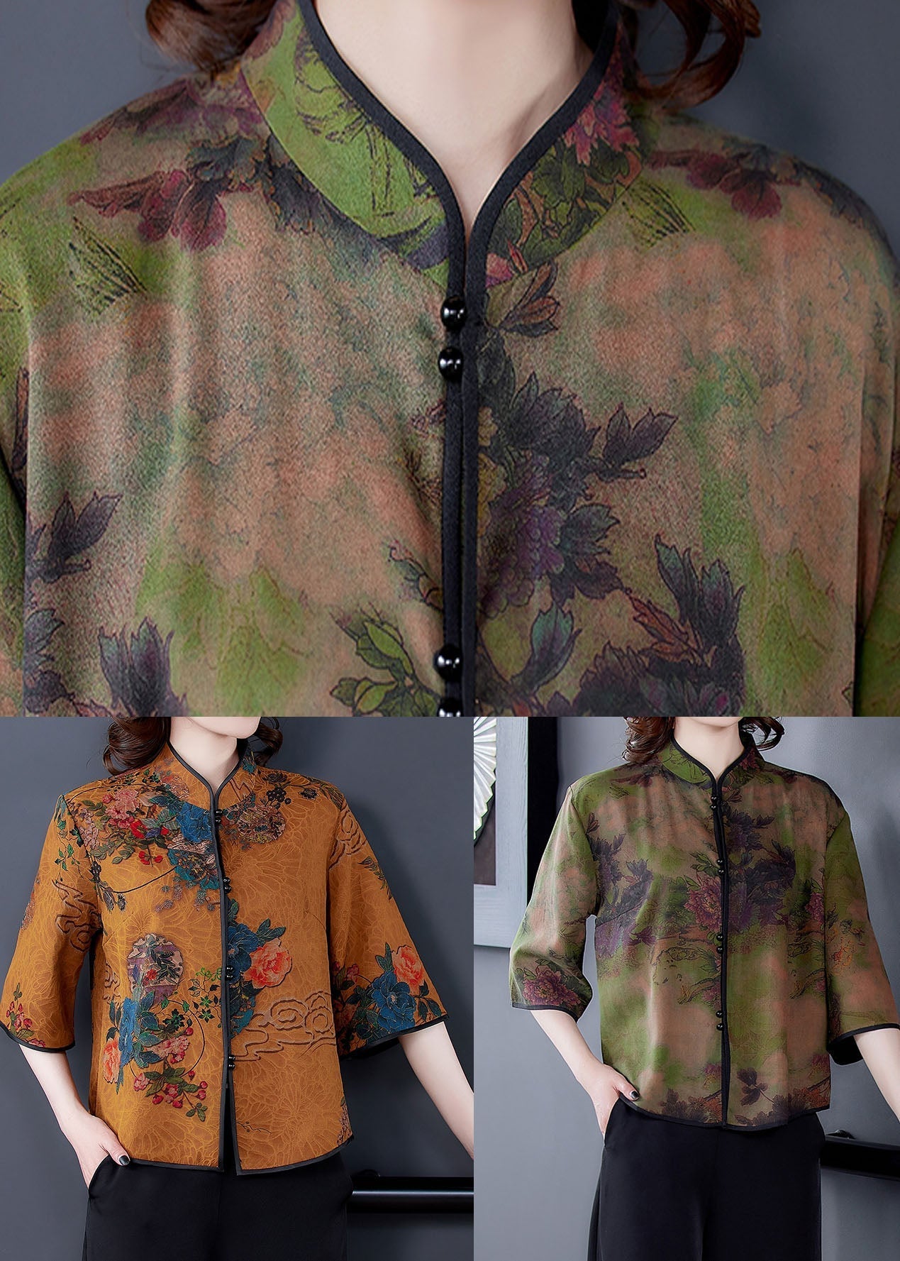 Unique Green Stand Collar Print Silk Shirt Tops Spring LY0472