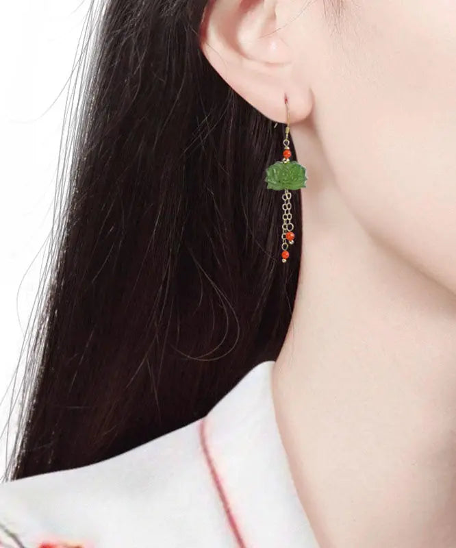 Unique Green Sterling Silver Overgild Inlaid Gem Stone Jade Drop Earrings Ada Fashion