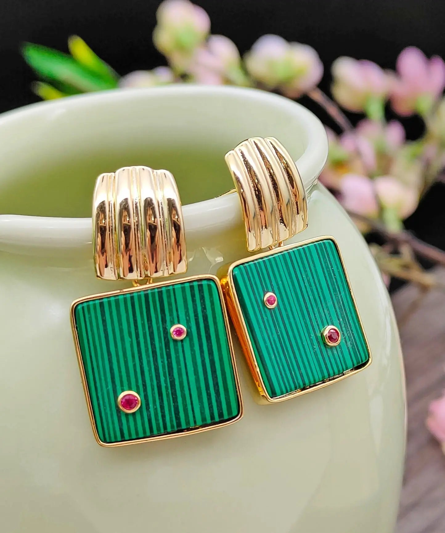 Unique Green Sterling Silver Overgild Inlaid Square Malachite Hoop Earrings Ada Fashion