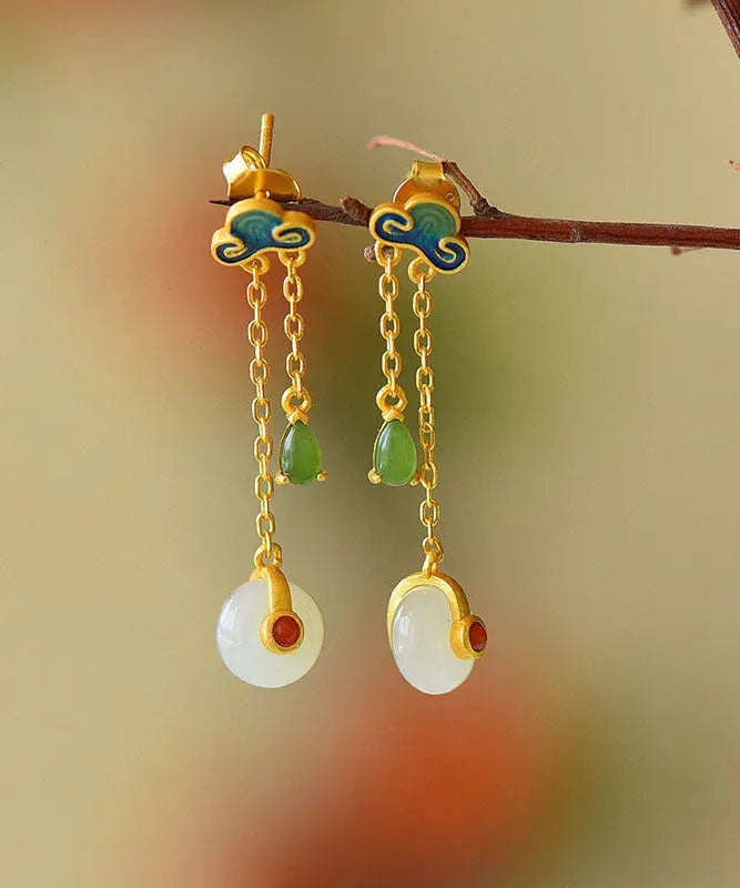 Unique Green Sterling Silver Ovgegild Jade Agate Enamel Xiang Yun Drop Earrings Ada Fashion