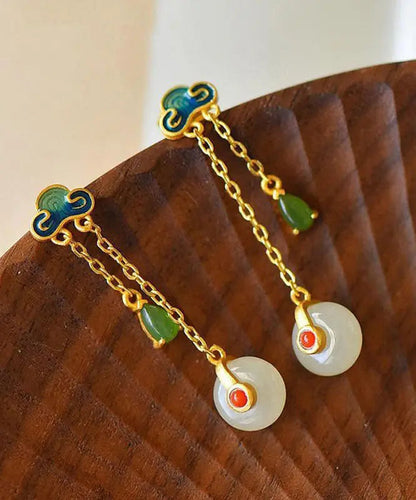 Unique Green Sterling Silver Ovgegild Jade Agate Enamel Xiang Yun Drop Earrings Ada Fashion