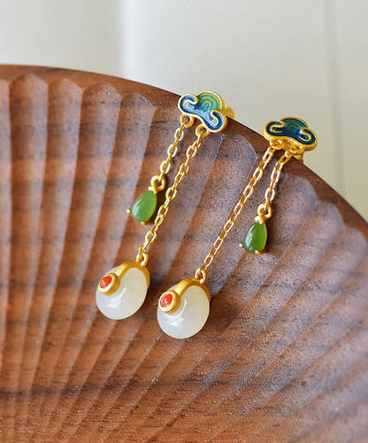 Unique Green Sterling Silver Ovgegild Jade Agate Enamel Xiang Yun Drop Earrings Ada Fashion