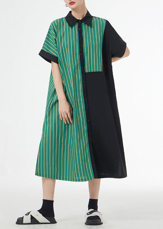 Unique Green Striped Asymmetrical Patchwork Cotton Shirt Dress Summer Ada Fashion