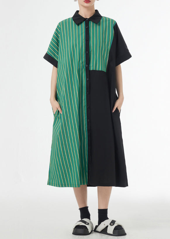 Unique Green Striped Asymmetrical Patchwork Cotton Shirt Dress Summer Ada Fashion