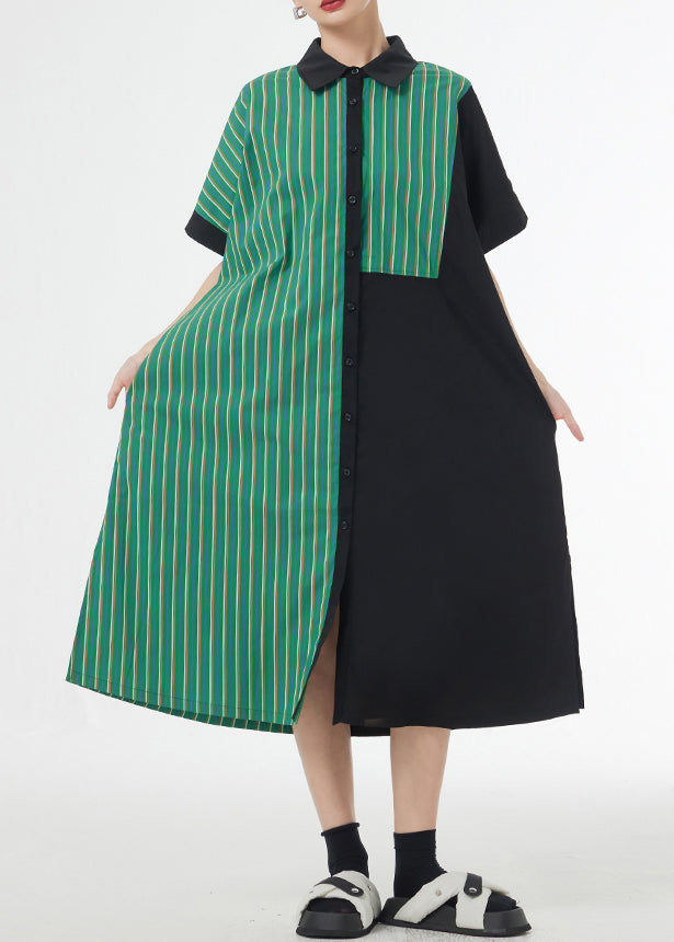 Unique Green Striped Asymmetrical Patchwork Cotton Shirt Dress Summer Ada Fashion