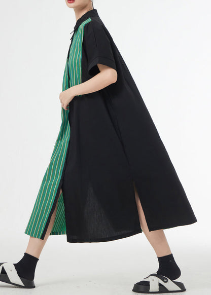 Unique Green Striped Asymmetrical Patchwork Cotton Shirt Dress Summer Ada Fashion