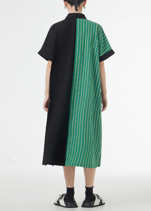 Unique Green Striped Asymmetrical Patchwork Cotton Shirt Dress Summer Ada Fashion