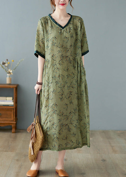 Unique Green V Neck Print Patchwork Linen Long Dress Summer LY0666 - fabuloryshop