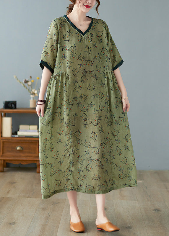 Unique Green V Neck Print Patchwork Linen Long Dress Summer LY0666 - fabuloryshop