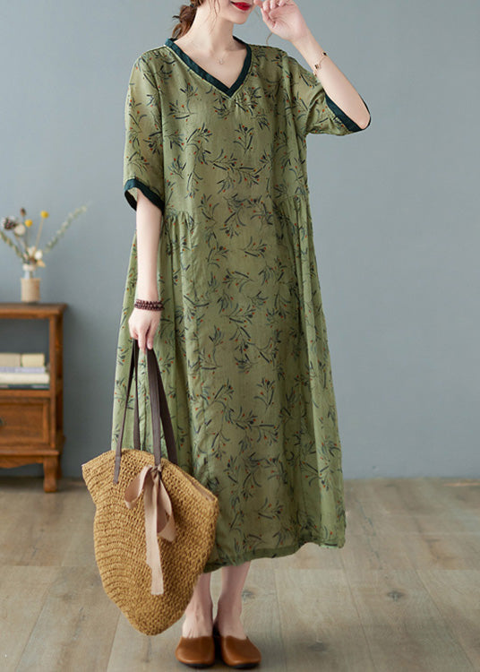 Unique Green V Neck Print Patchwork Linen Long Dress Summer LY0666 - fabuloryshop