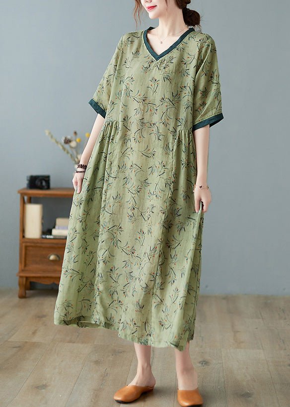 Unique Green V Neck Print Patchwork Linen Long Dress Summer LY0666 - fabuloryshop