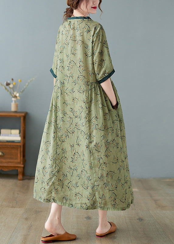 Unique Green V Neck Print Patchwork Linen Long Dress Summer LY0666 - fabuloryshop