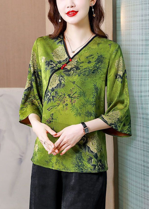 Unique Green V Neck Print Patchwork Silk Tops Bracelet Sleeve LY4660 - fabuloryshop