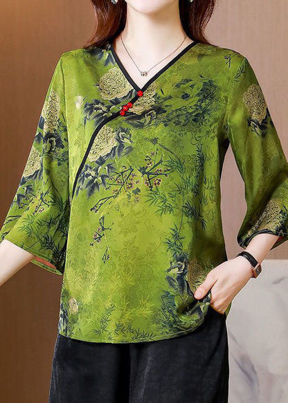 Unique Green V Neck Print Patchwork Silk Tops Bracelet Sleeve LY4660 - fabuloryshop