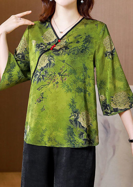 Unique Green V Neck Print Patchwork Silk Tops Bracelet Sleeve LY4660 - fabuloryshop