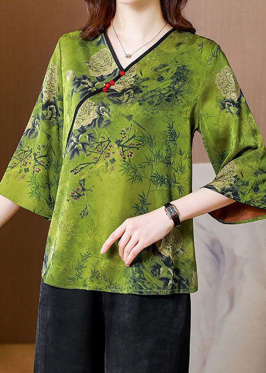 Unique Green V Neck Print Patchwork Silk Tops Bracelet Sleeve LY4660 - fabuloryshop