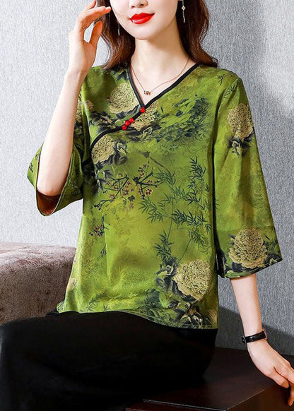 Unique Green V Neck Print Patchwork Silk Tops Bracelet Sleeve LY4660 - fabuloryshop