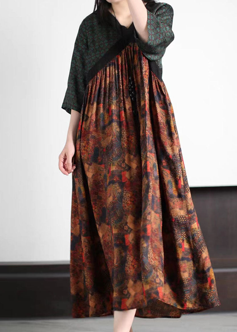 Unique Green V Neck Print Wrinkled Patchwork Silk Dress Summer LY4559 - fabuloryshop