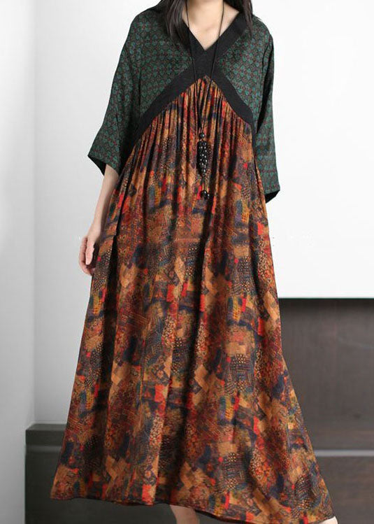 Unique Green V Neck Print Wrinkled Patchwork Silk Dress Summer LY4559 - fabuloryshop