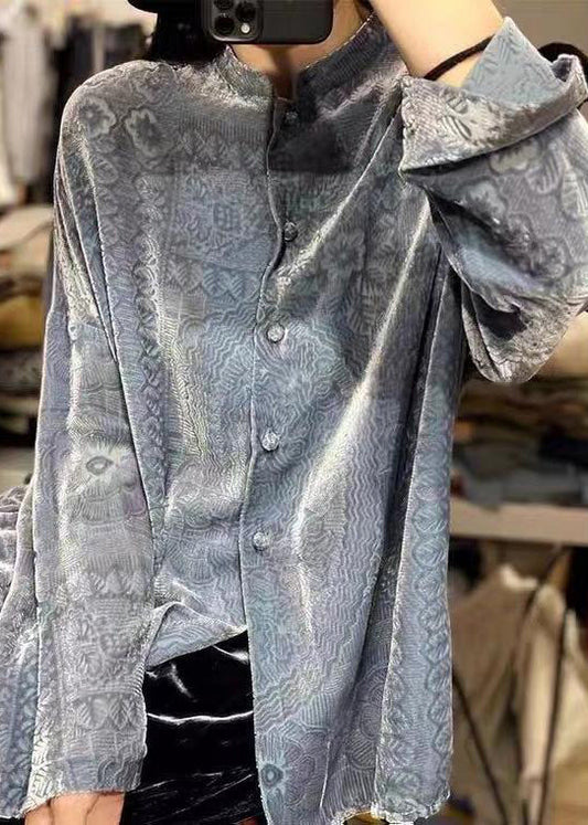 Unique Grey Button Patchwork Silk Velour Shirts Long Sleeve Ada Fashion