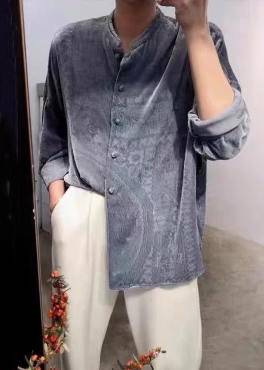 Unique Grey Button Patchwork Silk Velour Shirts Long Sleeve Ada Fashion