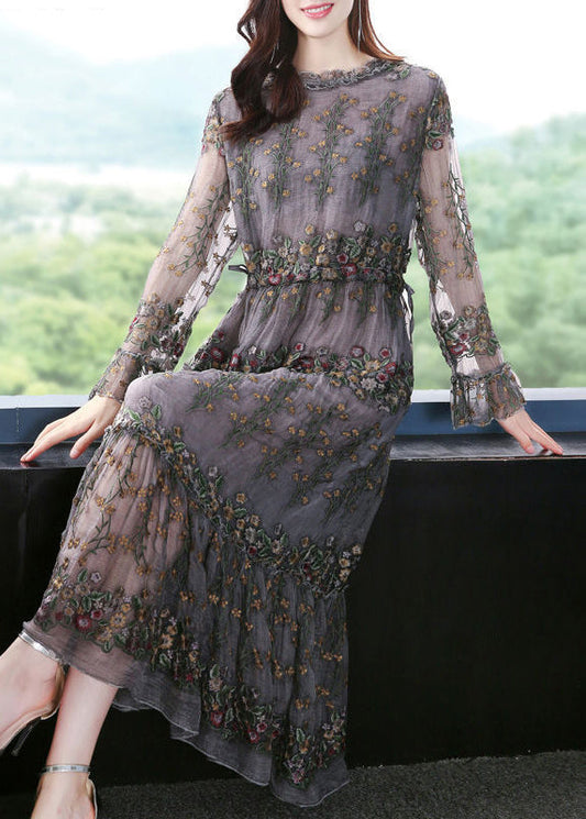 Unique Grey Embroideried Patchwork Silk Maxi Dresses Spring LY1004 - fabuloryshop