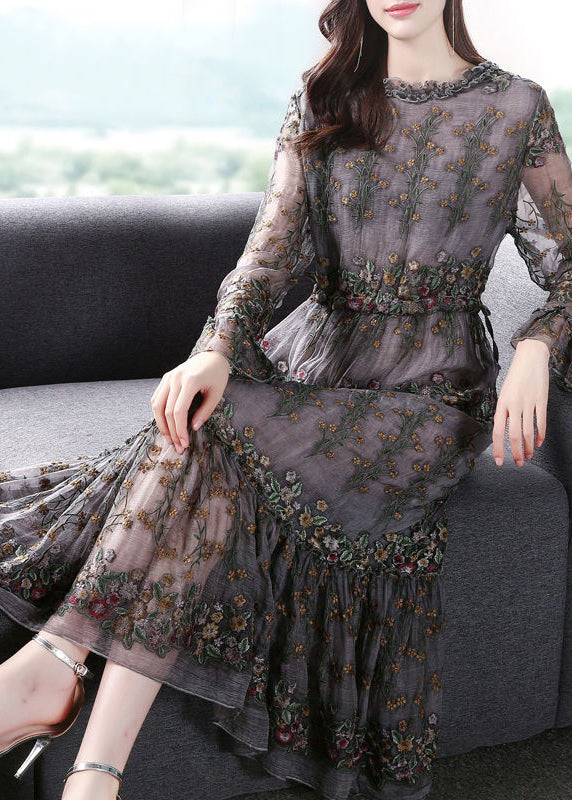 Unique Grey Embroideried Patchwork Silk Maxi Dresses Spring LY1004 - fabuloryshop