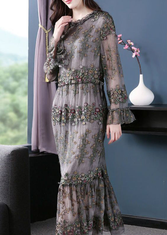 Unique Grey Embroideried Patchwork Silk Maxi Dresses Spring LY1004 - fabuloryshop