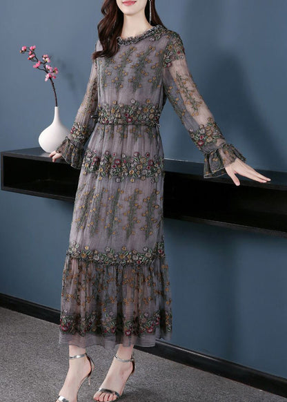 Unique Grey Embroideried Patchwork Silk Maxi Dresses Spring LY1004 - fabuloryshop