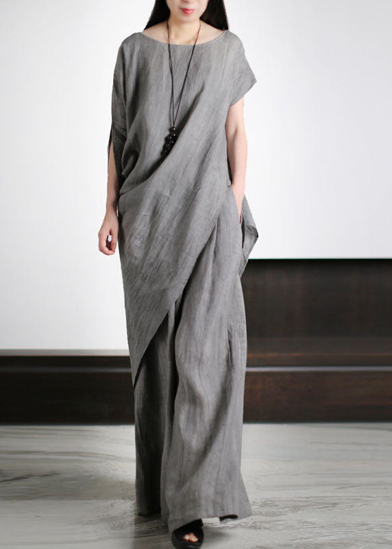 Unique Grey O-Neck Asymmetrical Patchwork Linen Women Sets 2 Pieces Summer LY5174 - fabuloryshop