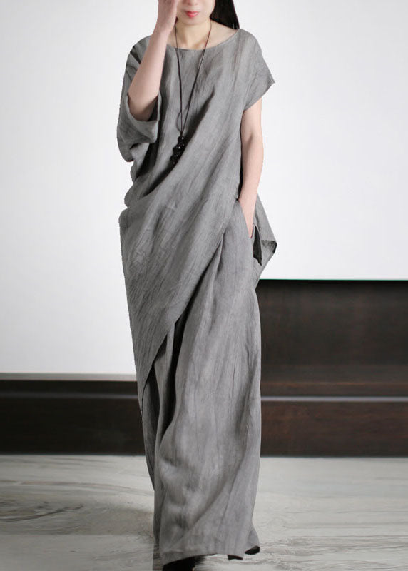 Unique Grey O-Neck Asymmetrical Patchwork Linen Women Sets 2 Pieces Summer LY5174 - fabuloryshop