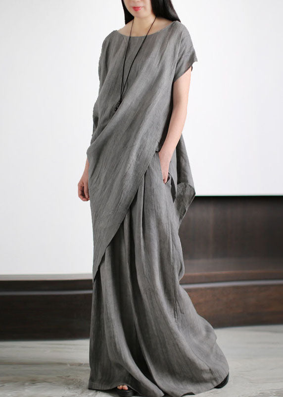 Unique Grey O-Neck Asymmetrical Patchwork Linen Women Sets 2 Pieces Summer LY5174 - fabuloryshop